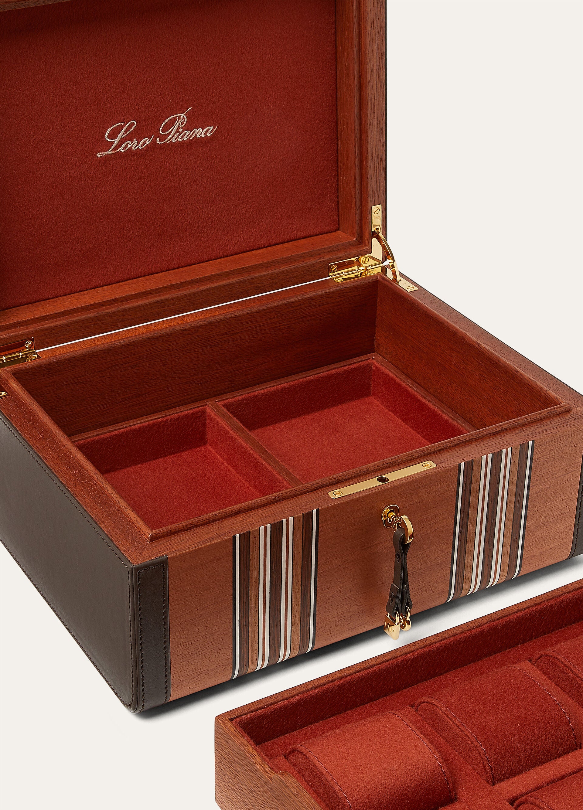 Large Loro Piana Intarsia Watch Box - Natural Mahogany/Dark Chocolate